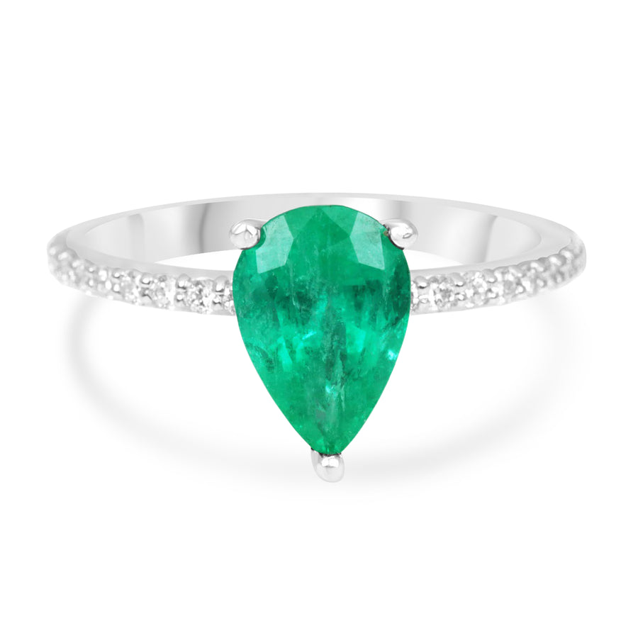 1.50tcw Pear Cut Three Prong Natural Emerald & Diamond Accent Engagement Ring 14K