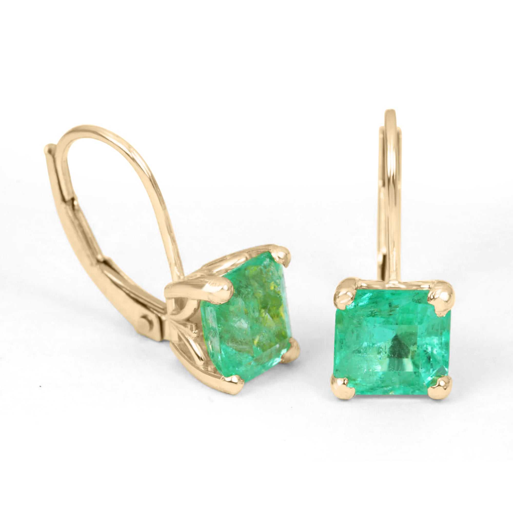 3.0tcw Earth mined Emerald Square Lever back dangle Earrings Yellow Gold 14K - JR Colombian Emeralds