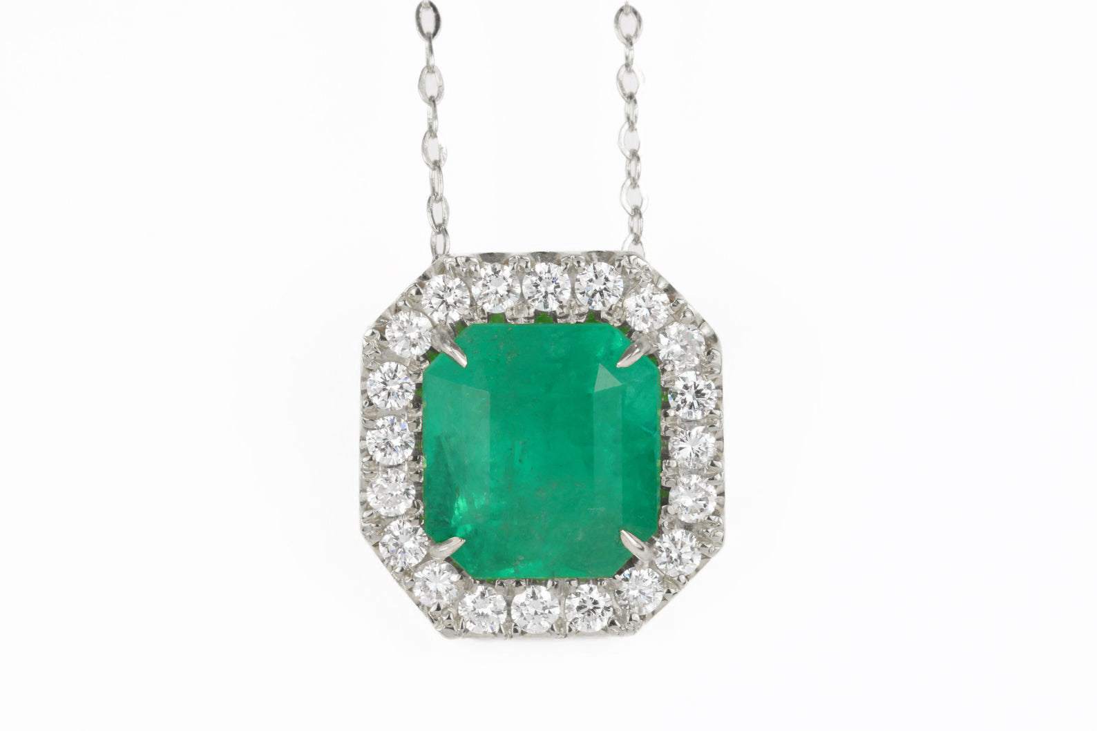 4.60tcw Square Cut Natural Colombian Emerald & Diamond Halo Necklace Pendant - JR Colombian Emeralds