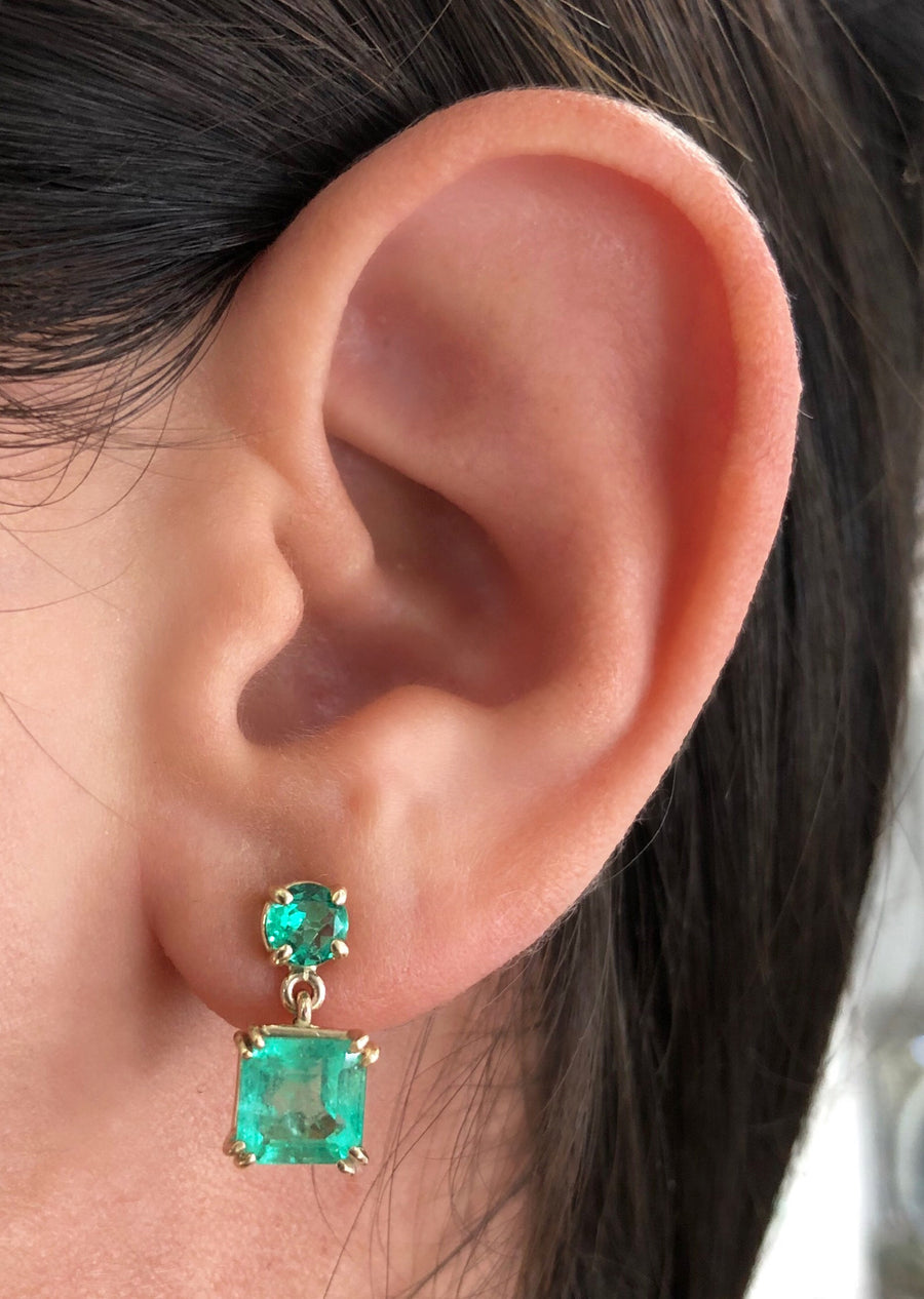 3.20 carat Natural Rich Green Emerald Asscher and Round Dangle Stud on ear