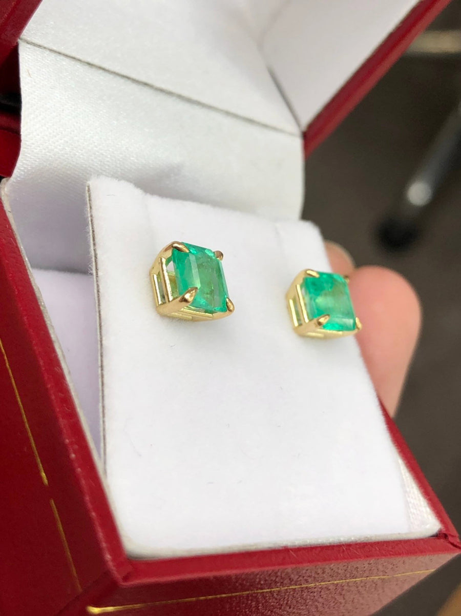 2.0tcw Asscher Cut Emerald Claw prong Solitaire stud Earrings 14K
