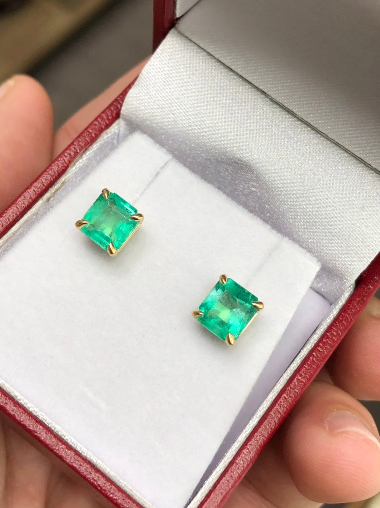 2.0tcw Asscher Cut Emerald Claw prong Solitaire stud Earrings 14K