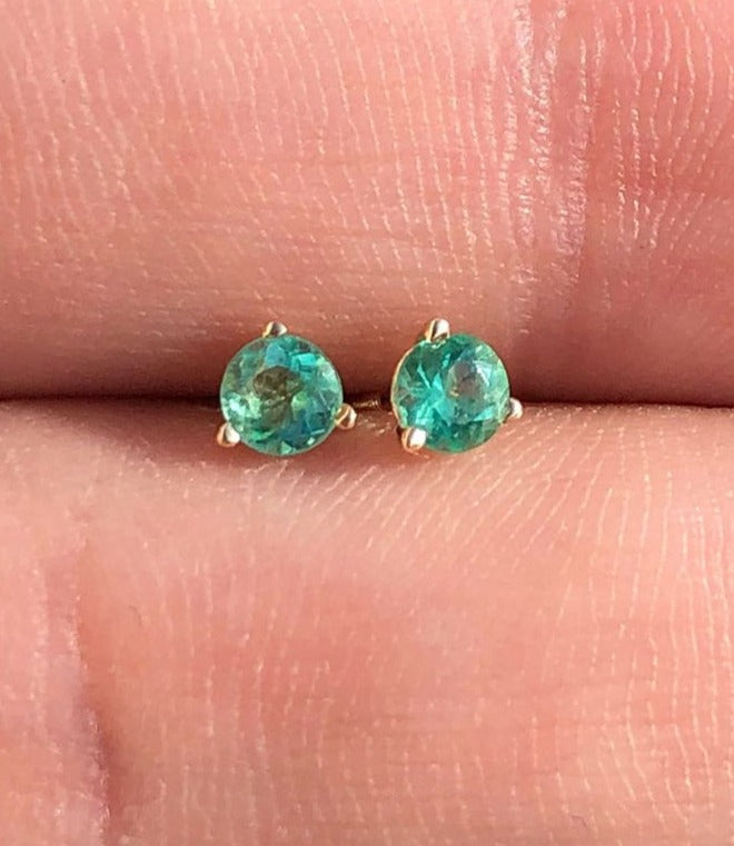 0.32tcw Colombian Emerald Round Cut Baby Stud Earrings 3.8MM