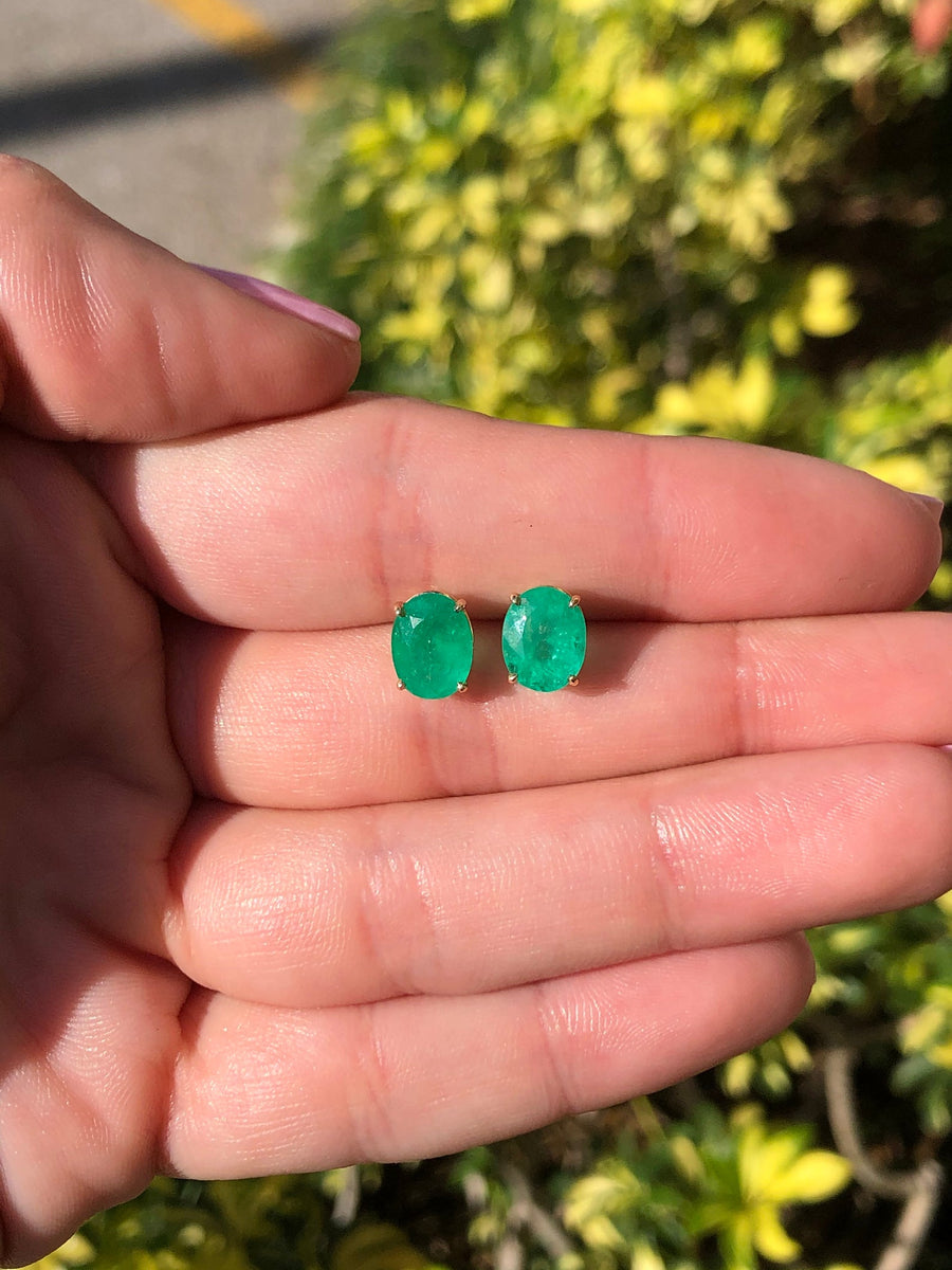3.20tcw Colombian Medium-Dark Emerald Oval solitaire stud earrings 14K gift 