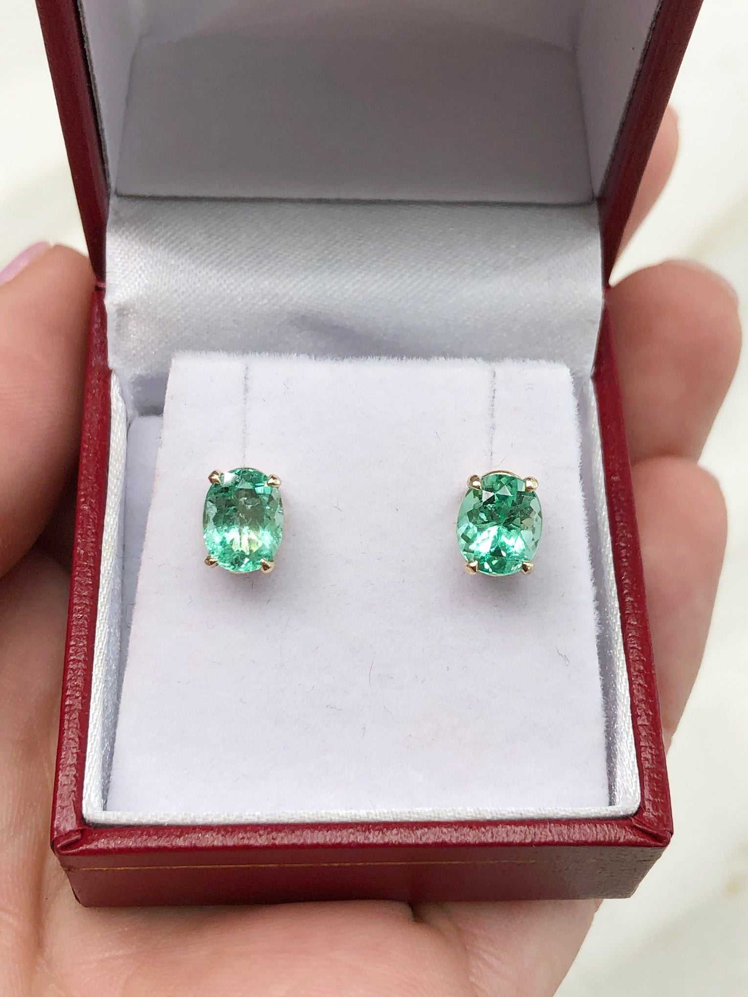 2.0tcw Vivacious Transparent Colombian Emerald Oval Classic Stud Earrings 14K