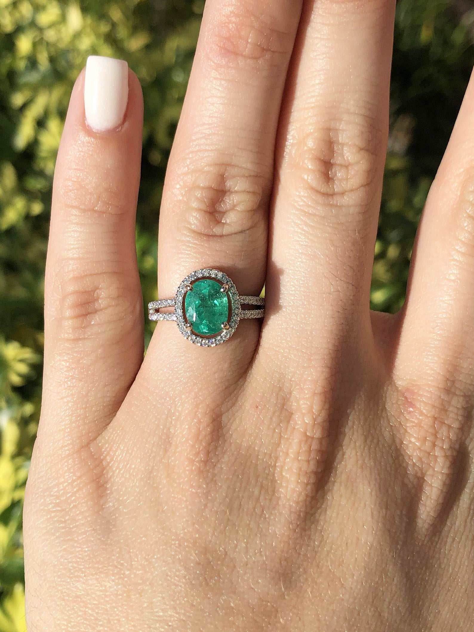 2.40tcw Emerald Oval & Diamond Halo Split Shank