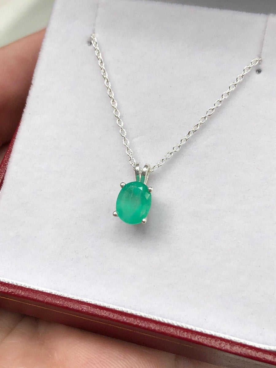 1.30 Carat Oval Colombian Emerald Solitaire Necklace Sterling 