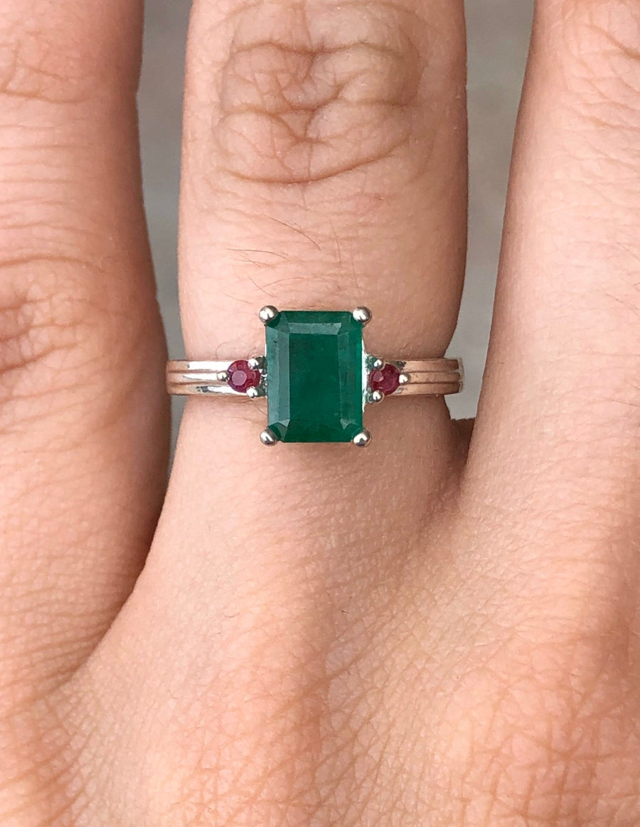 1.30tcw Emerald & Ruby Three Stone Engagement Ring Silver