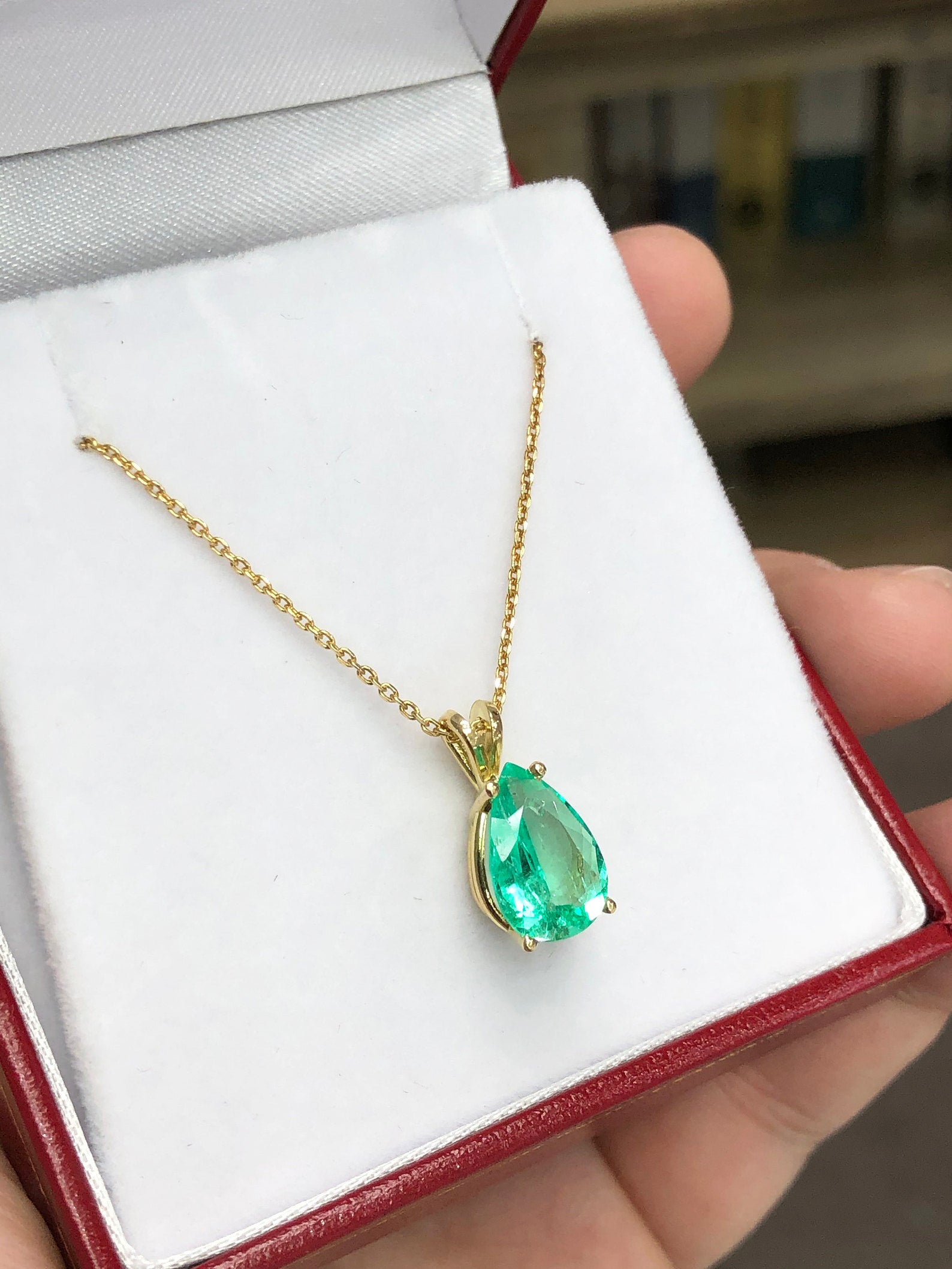 1.90 Carat 18K Colombian Emerald Pear Cut Solitaire Gold Double Bail Pendant - JR Colombian Emeralds