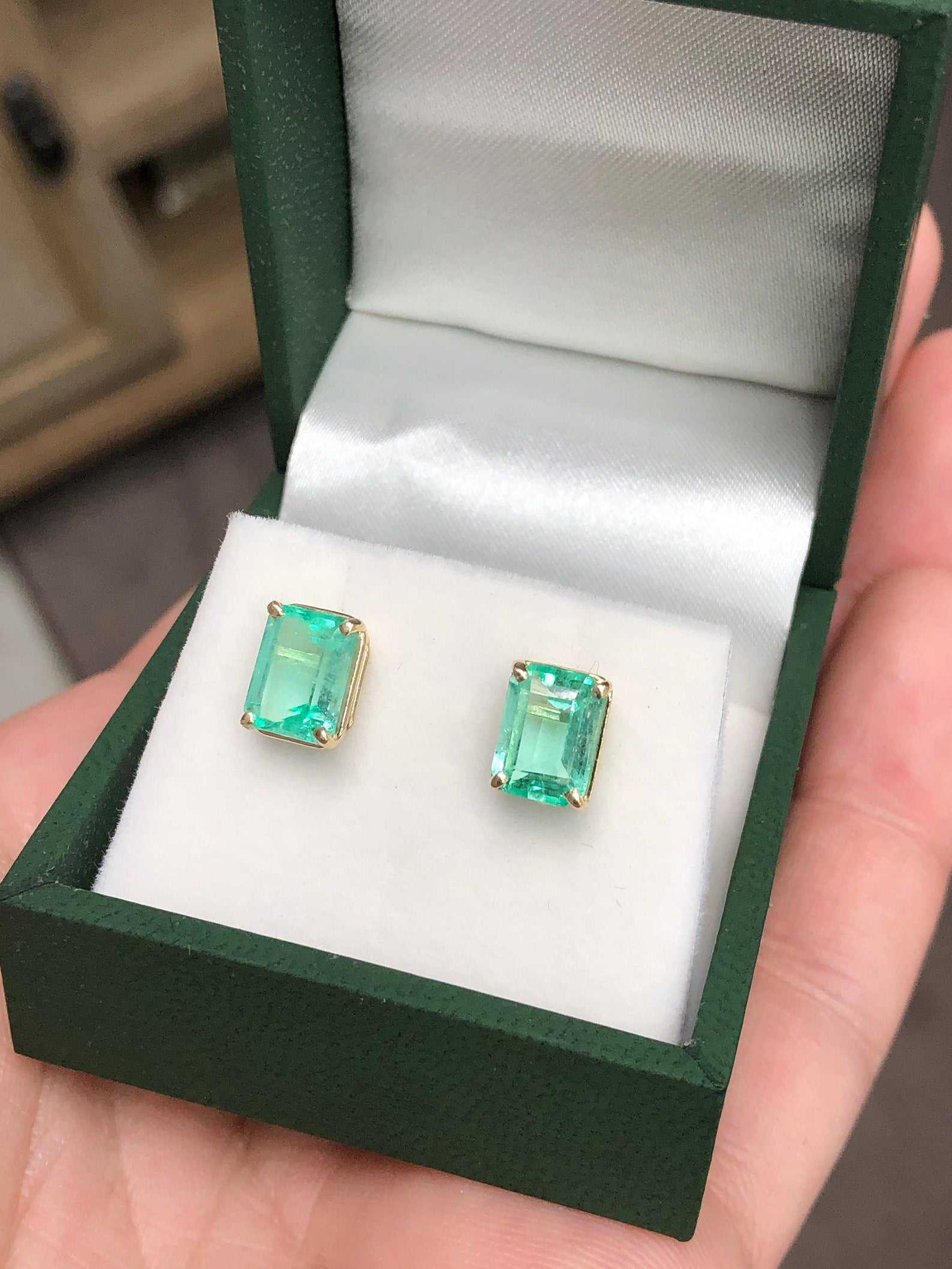 3.0tcw Real Colombian Emerald Emerald Cut Stud Solitaire Earrings 14K - JR Colombian Emeralds