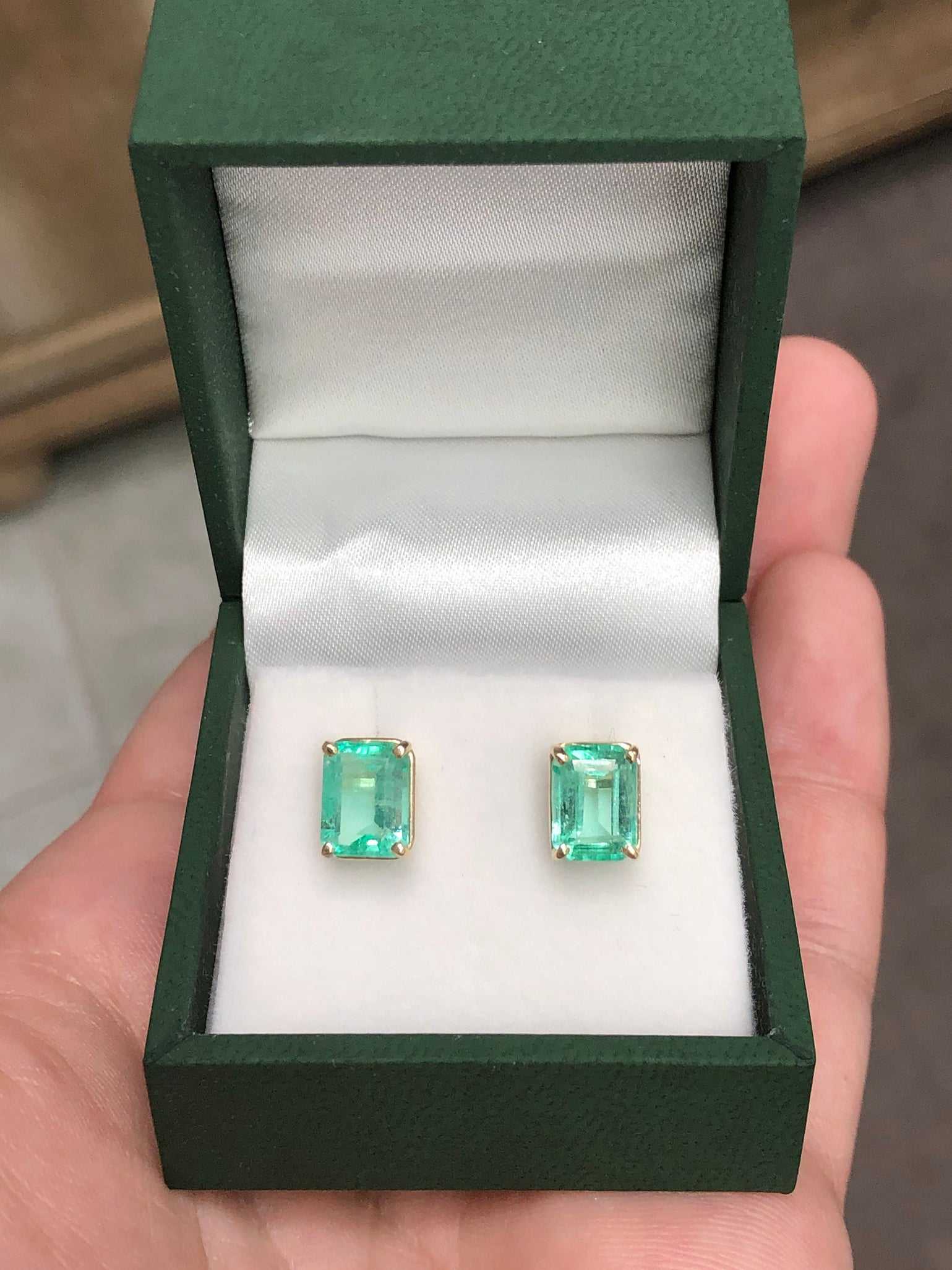 3.0tcw Real Colombian Emerald Emerald Cut Stud Solitaire Earrings 14K - JR Colombian Emeralds