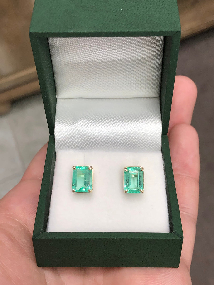 3.0tcw Real Colombian Emerald Emerald Cut Stud Solitaire Earrings 14K