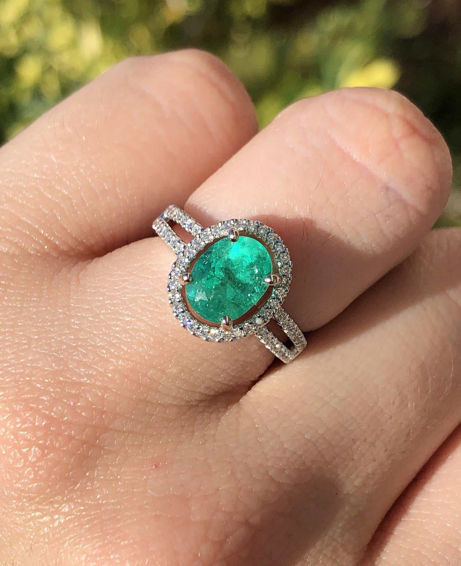 2.40tcw Natural Emerald Oval & Diamond Halo Split Shank Engagement Ring