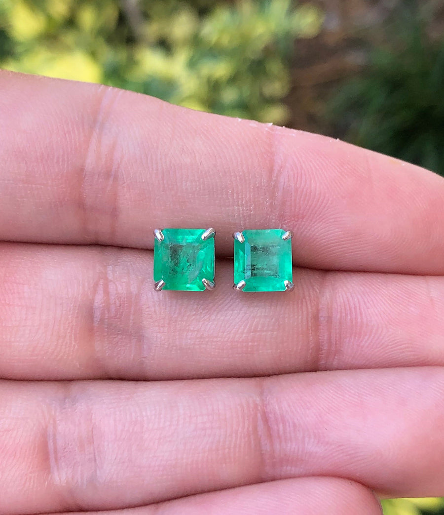 Asscher Cut Hand crafted Emerald Stud Earrings White Gold