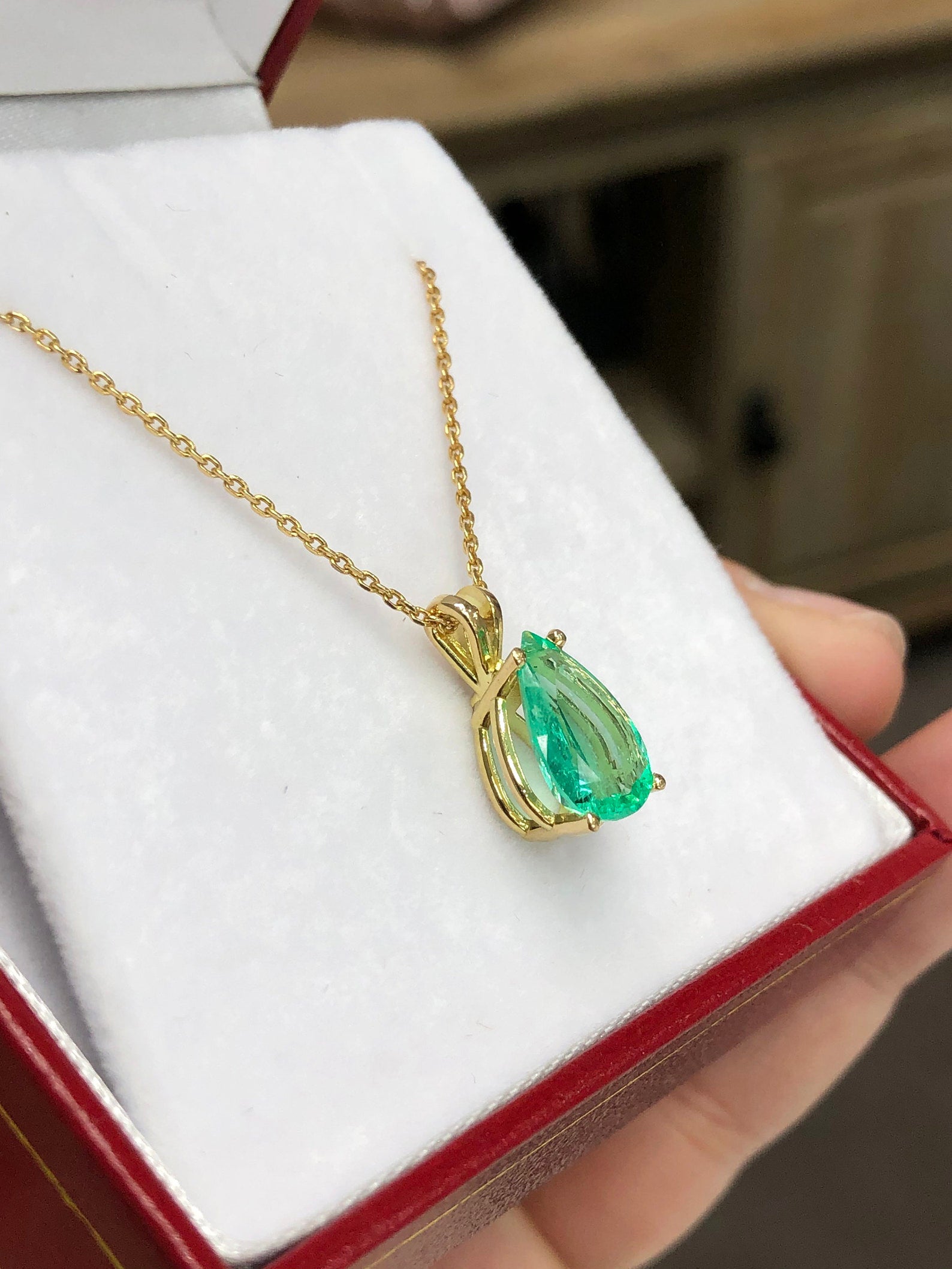 1.90 Carat 18K Colombian Emerald Pear Cut Solitaire Gold Double Bail Pendant - JR Colombian Emeralds