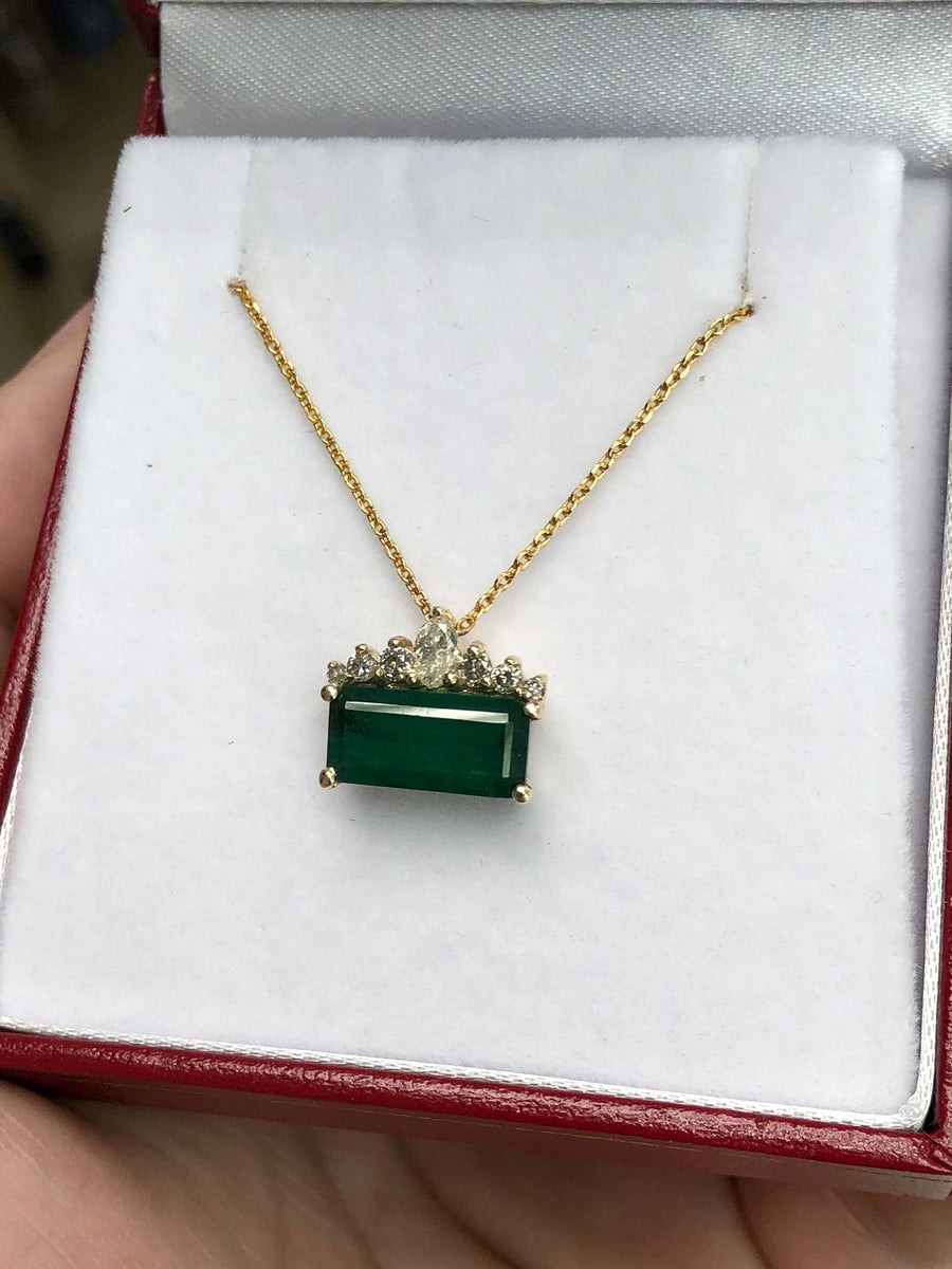 3.45tcw East to West Dark Green Emerald & Diamond Tiara Necklace 14K