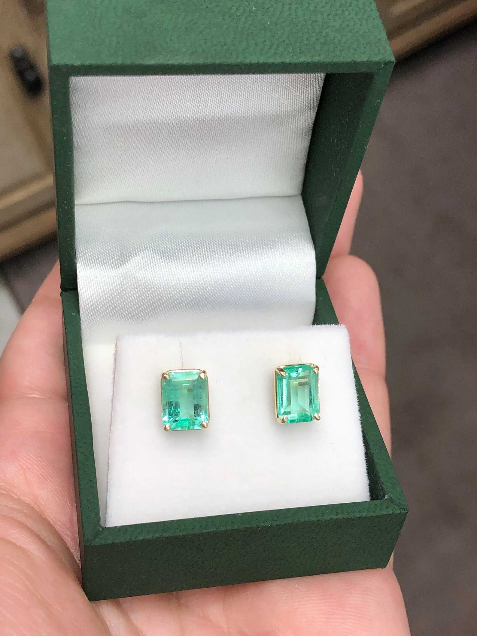 3.0tcw Real Colombian Emerald Emerald Cut Stud Solitaire Earrings 14K - JR Colombian Emeralds