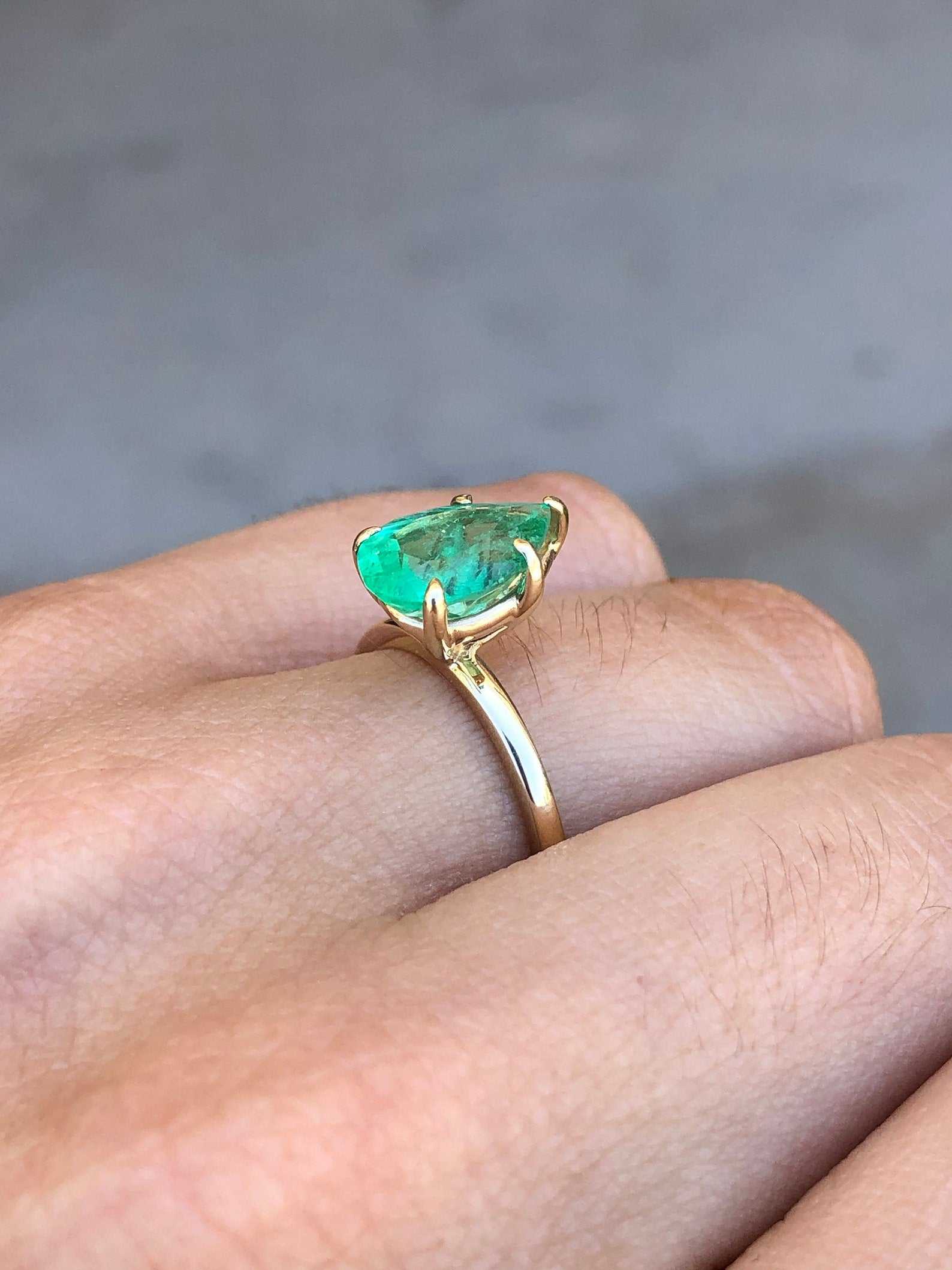 Classic 2.24 Carats 5 Prong Pear Emerald Solitaire Engagement Ring Gold 14K - JR Colombian Emeralds