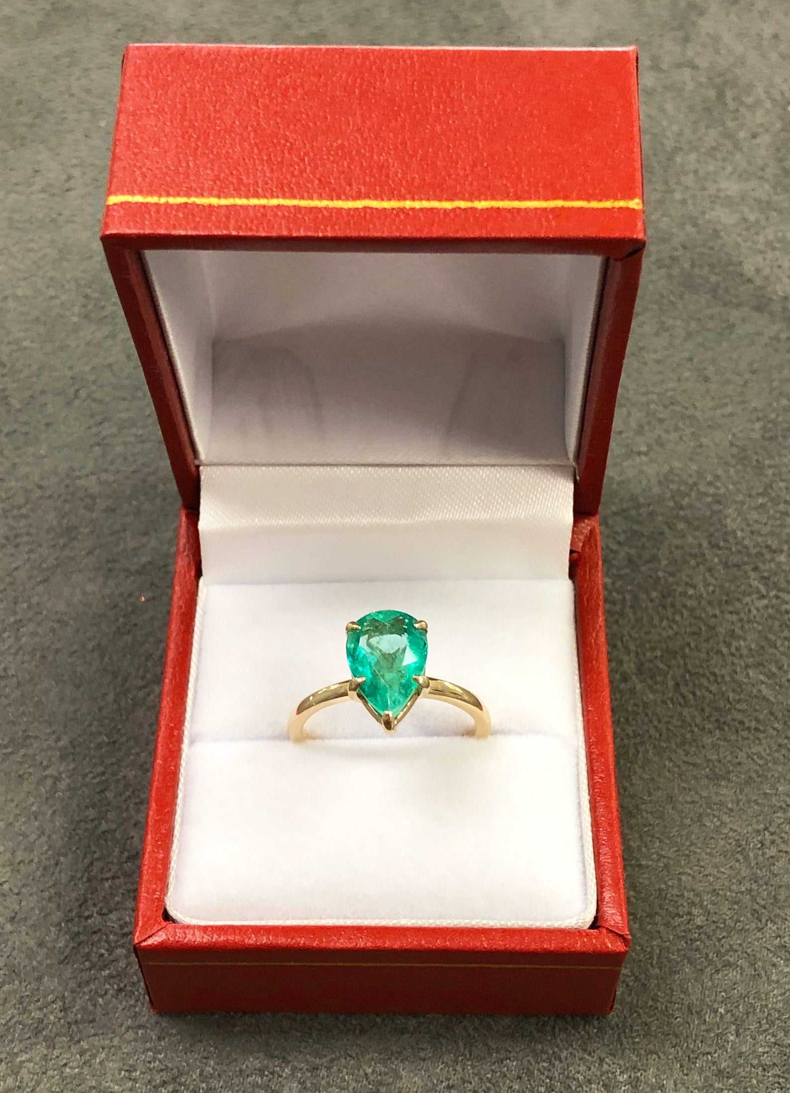 Classic 2.24 Carats 5 Prong Pear Emerald Solitaire Engagement Ring Gold 14K - JR Colombian Emeralds