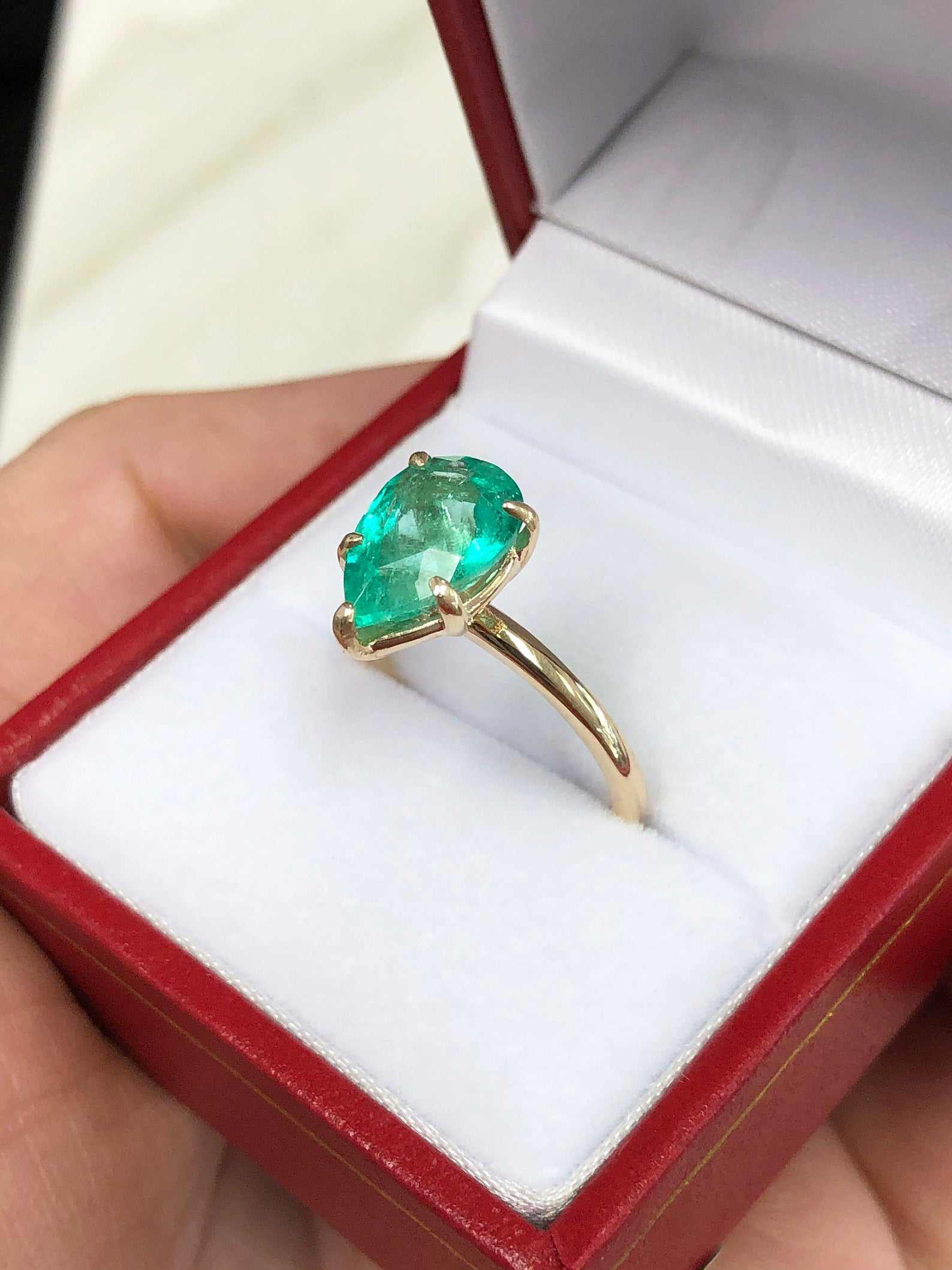 Classic 2.24 Carats 5 Prong Pear Emerald Solitaire Engagement Ring Gold 14K - JR Colombian Emeralds