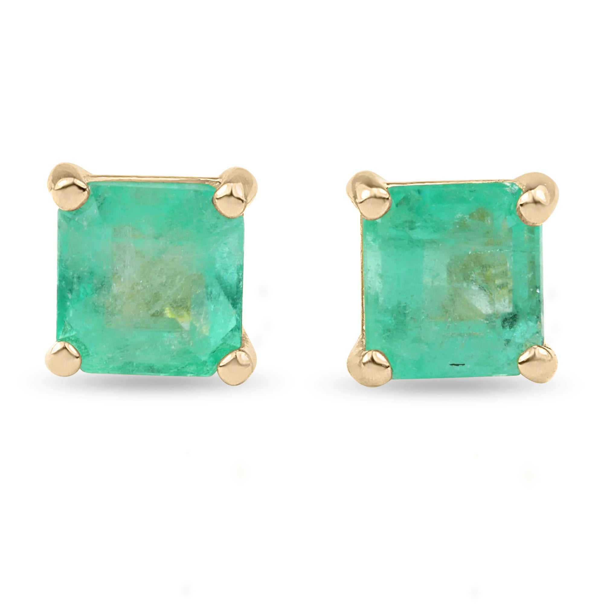 2.0tcw Genuine Rich Green Emerald Square Cut Stud Earrings 14K