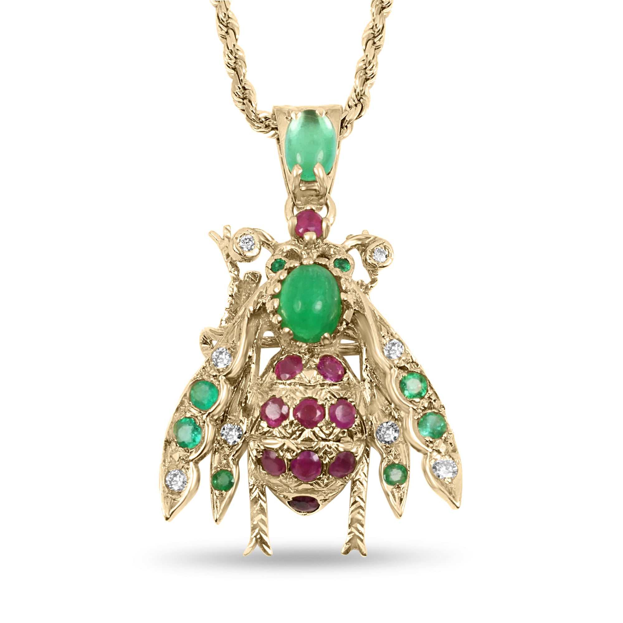 4.14tcw Emerald Ruby Diamond Bug Bee Insect Pendant 14K - JR Colombian Emeralds