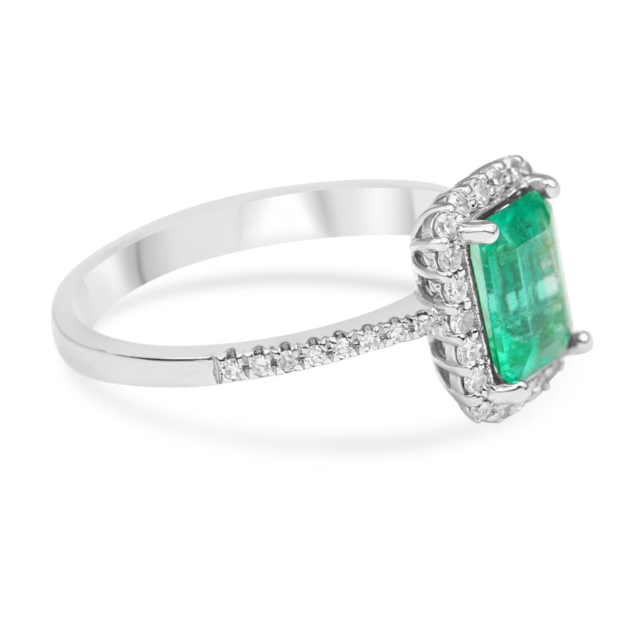 2.70tcw Asscher Cut Colombian Emerald & French Set Halo Engagement Ring 14K