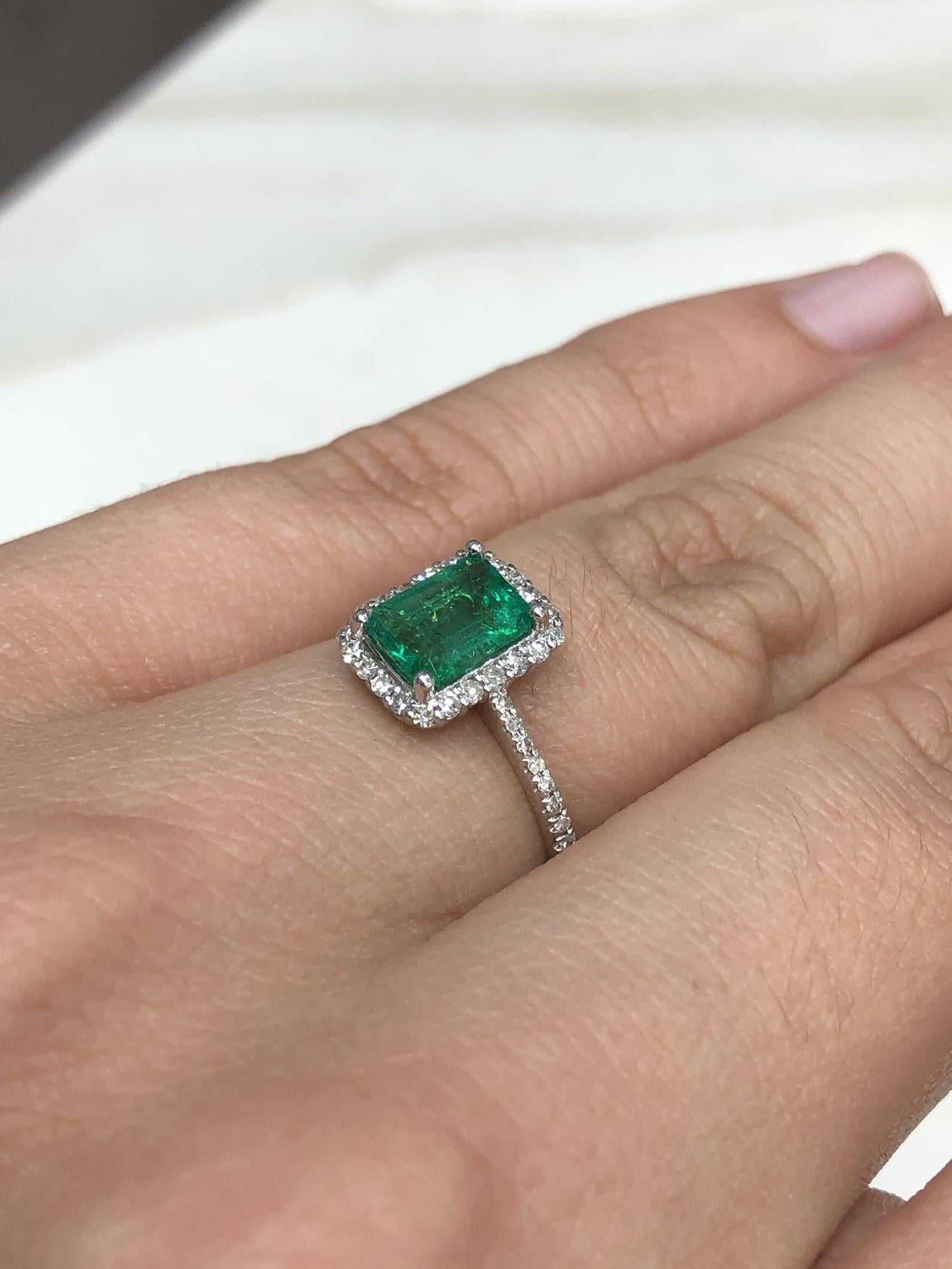 Eternal Radiance: 14K Gold Ring with 1.70tcw Emerald Cut Emerald Halo - A Timeless Sparkle