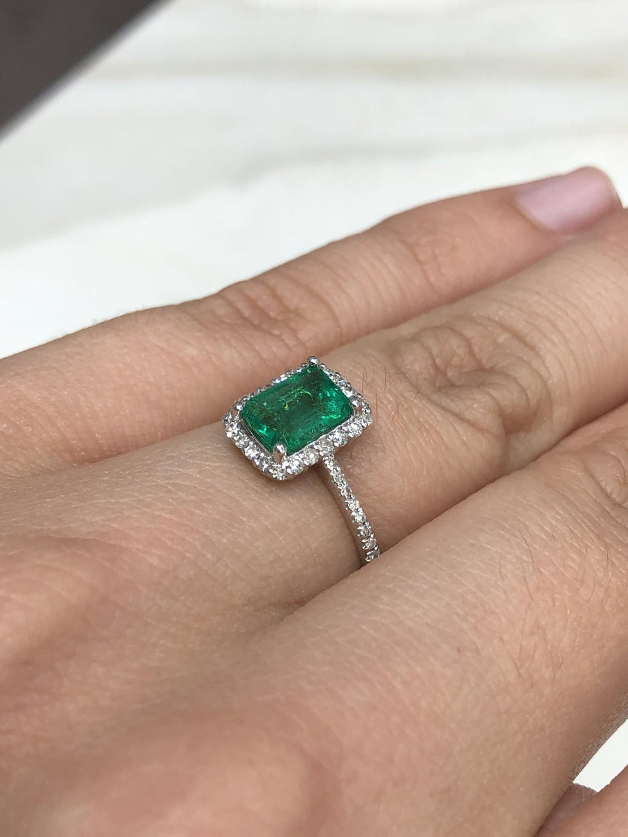  Emerald Cut Colombian Emerald Halo Engagement Ring