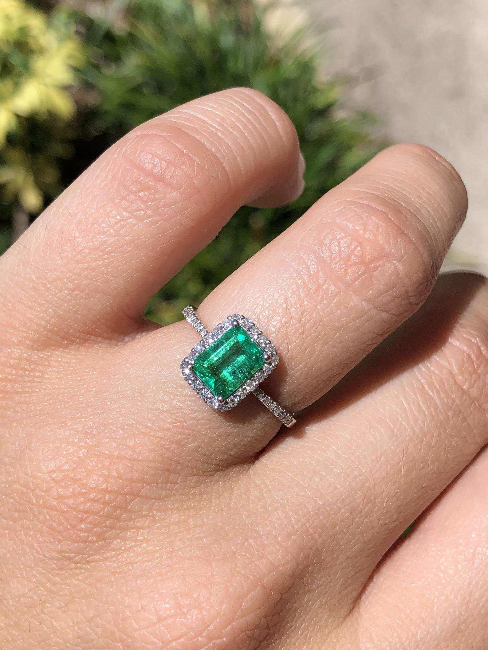 Radiant 14K Gold Ring with 1.70tcw Emerald Cut Emerald Halo - Timeless Charm