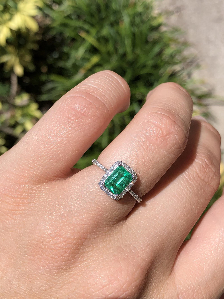 Emerald Cut Colombian Emerald Halo Engagement Ring 14K