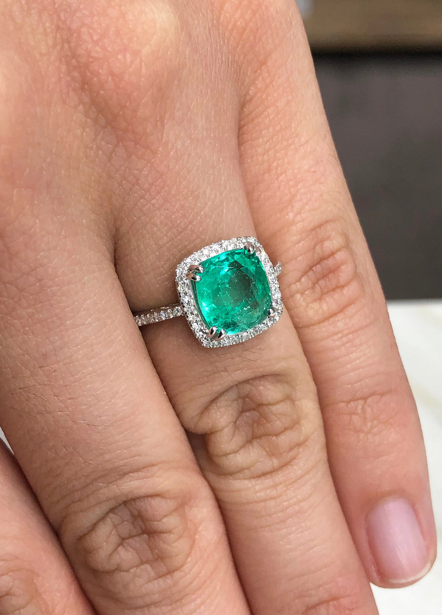 3.35tcw Cushion Cut Natural Emerald Diamond Halo Engagement Ring 14K