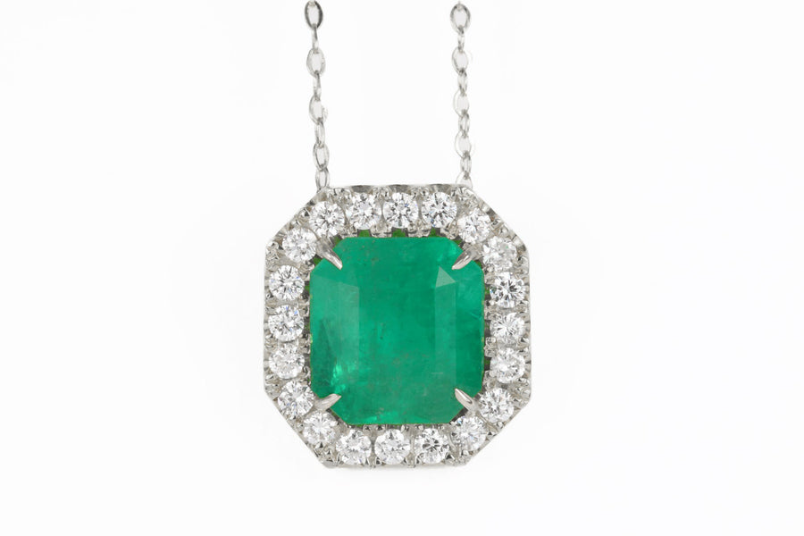 4.60tcw Square Cut Natural Colombian Emerald & Diamond Halo Necklace Pendant