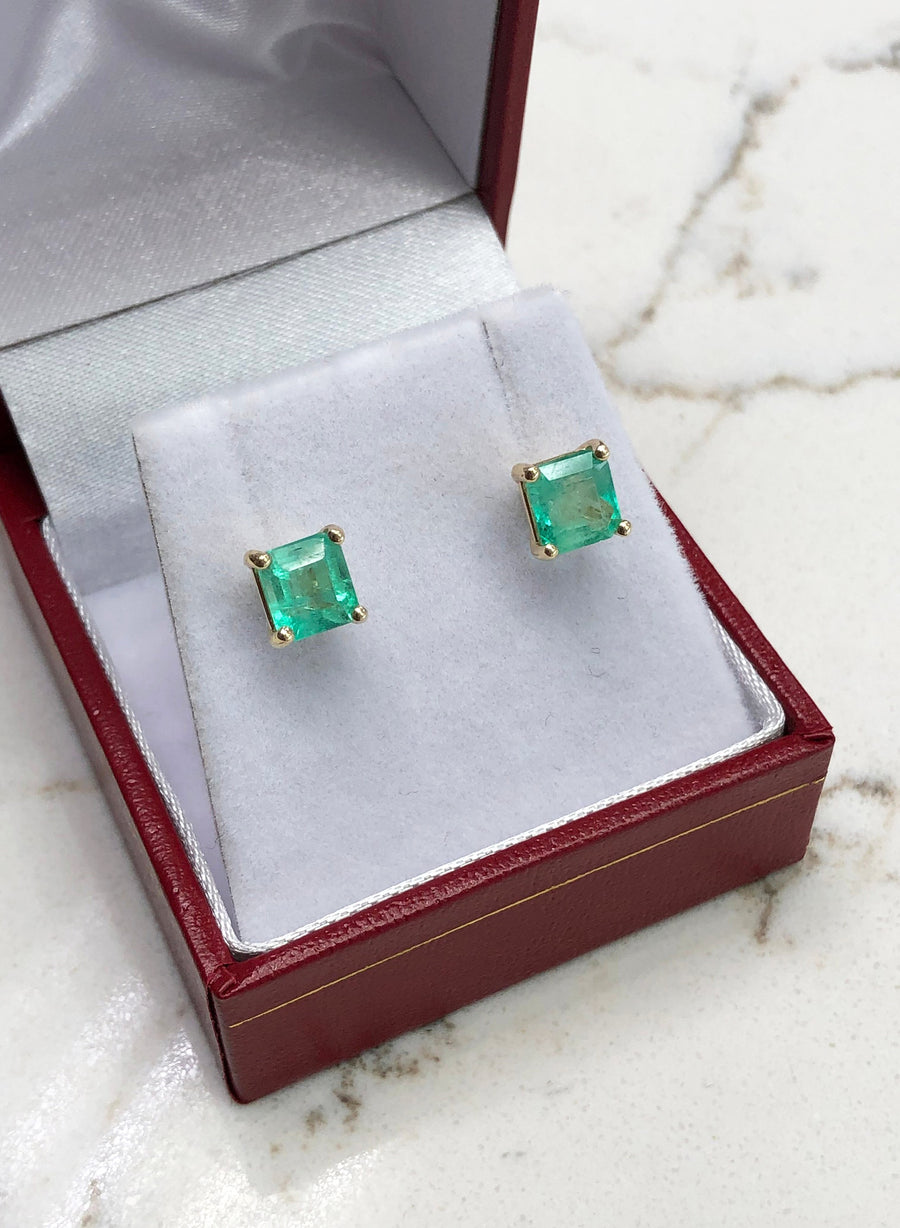 Rich Green Emerald Square Cut Stud Earrings