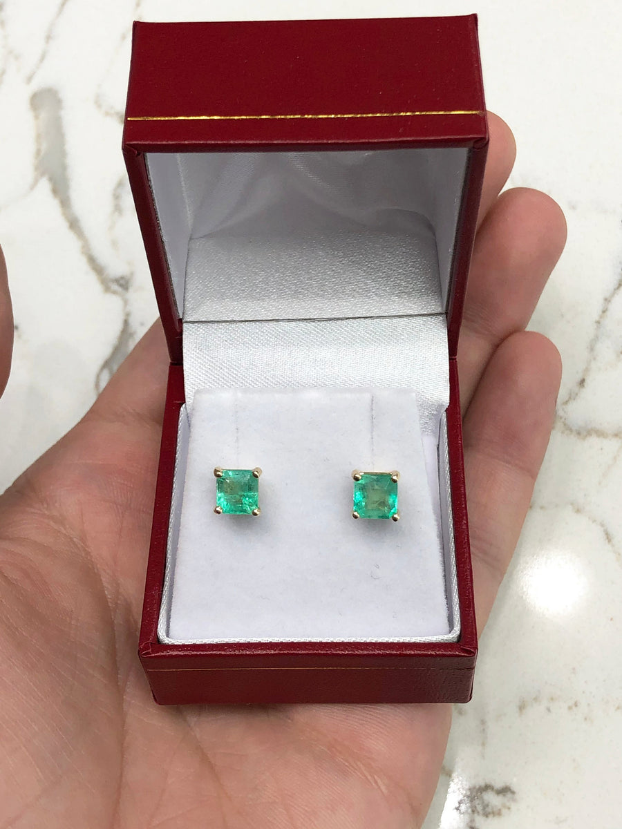 2.0 Carat Square Colombian emerald Stud Earring Four Prong gifts for her yellow gold