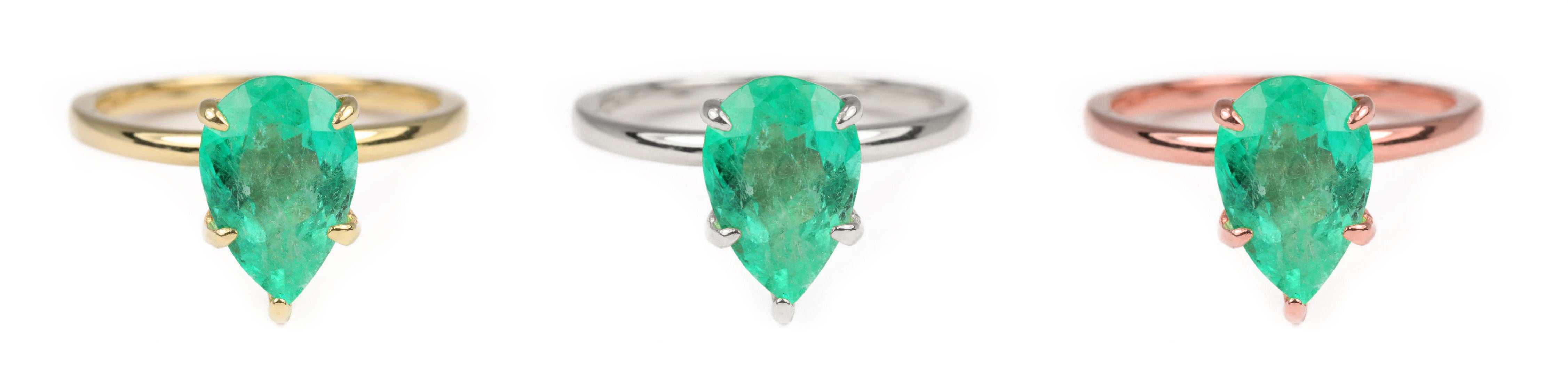 Classic 2.24 Carats 5 Prong Pear Emerald Solitaire Engagement Ring Gold 14K - JR Colombian Emeralds