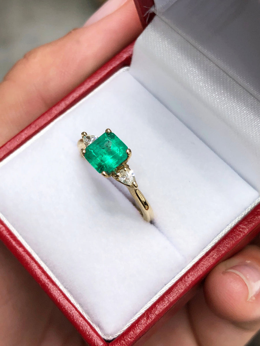 Petite Classic 3 Stone 1.38tcw Asscher Colombian Emerald & Pear Diamond Ring 14K