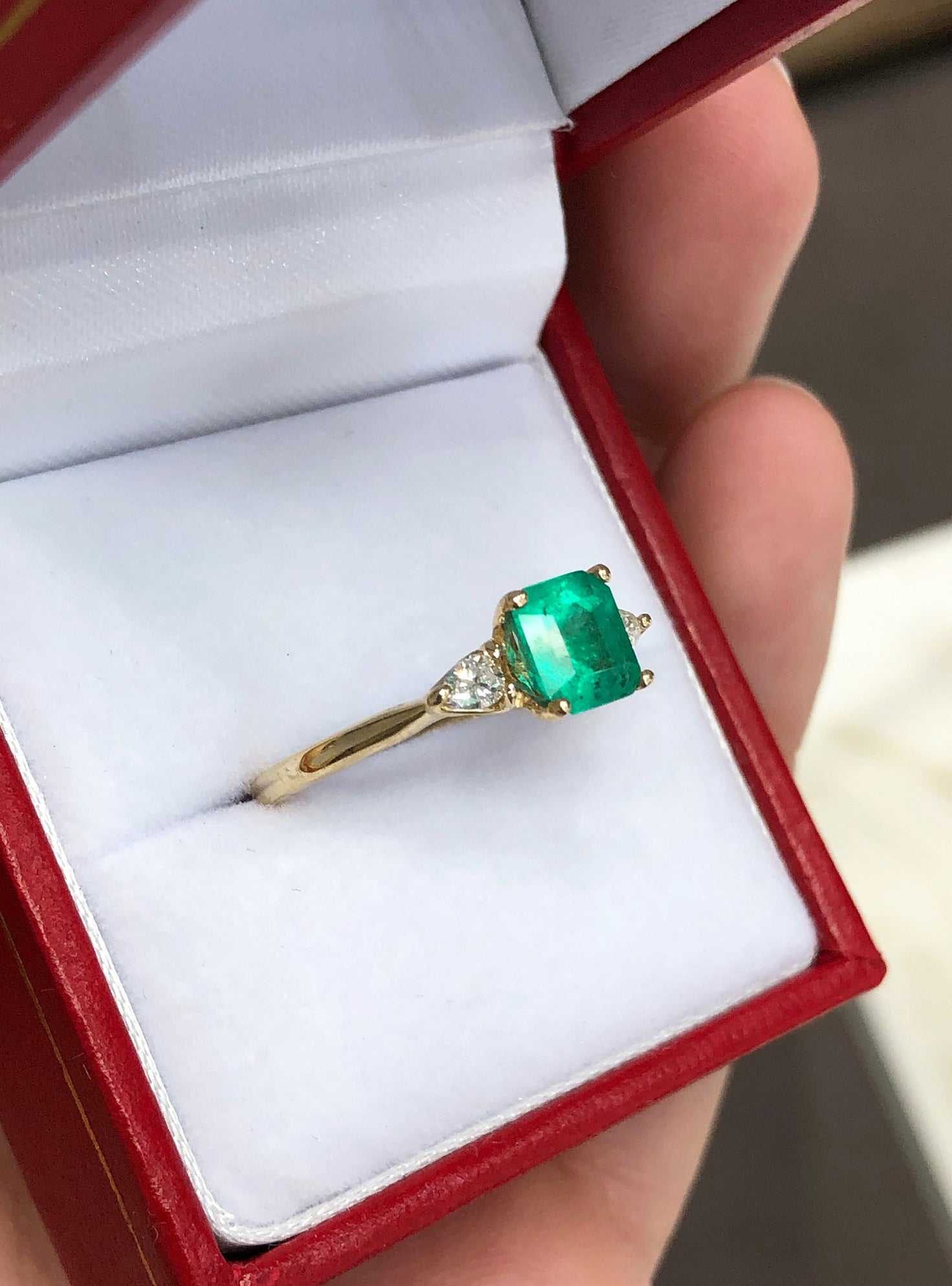 Exquisite Beauty: 1.38tcw Three Stone Asscher Cut Colombian Emerald & Pear Diamond Ring - Elegant 14K Setting