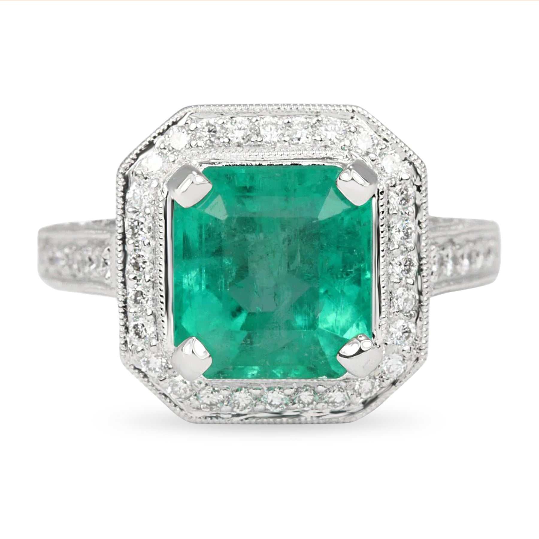 3.0tcw Genuine Colombian Emerald & Diamond Halo Engagement Ring