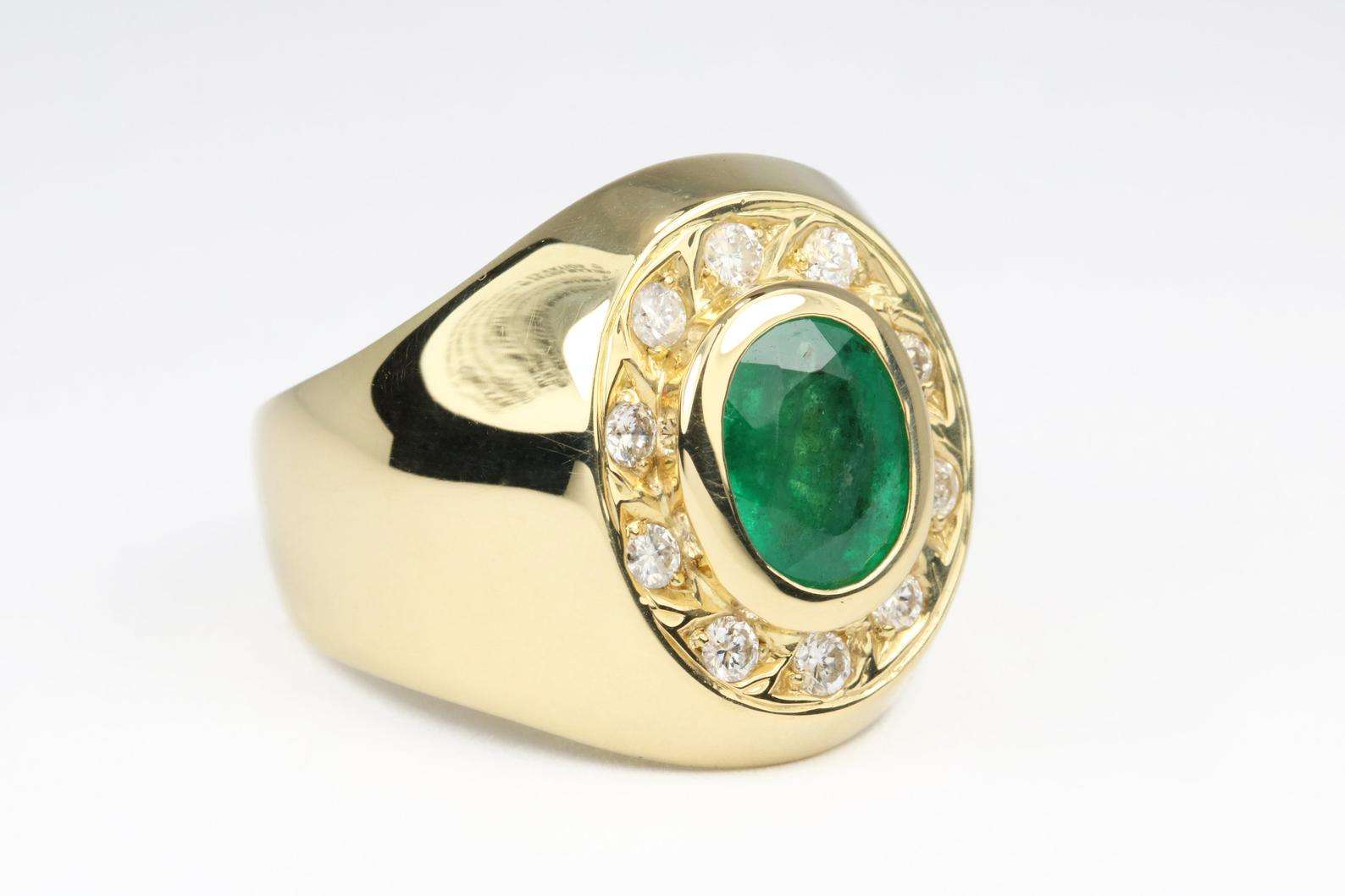 Men's 18K Gold Natural Emerald Oval & Diamond Halo