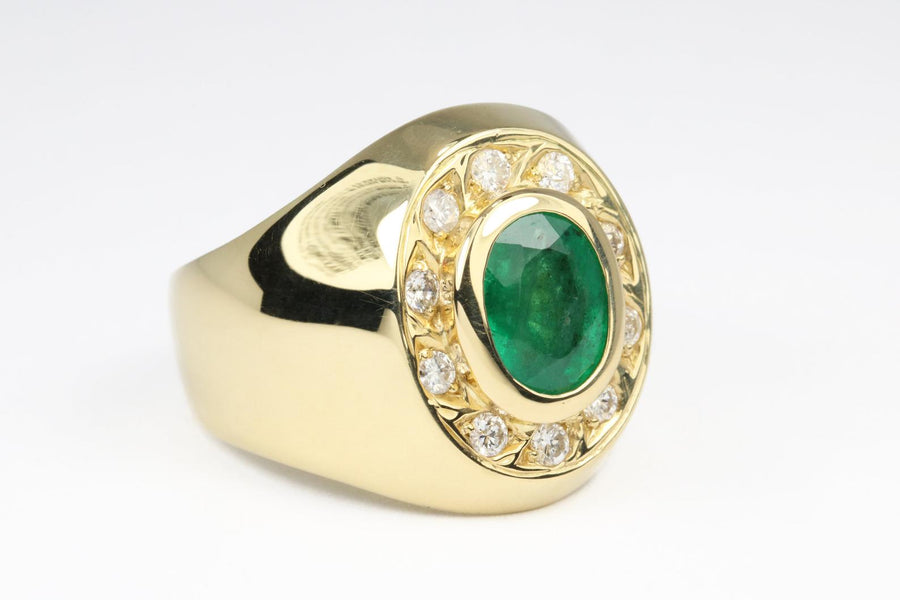 Men's 18K Gold Natural Emerald Oval & Diamond Halo