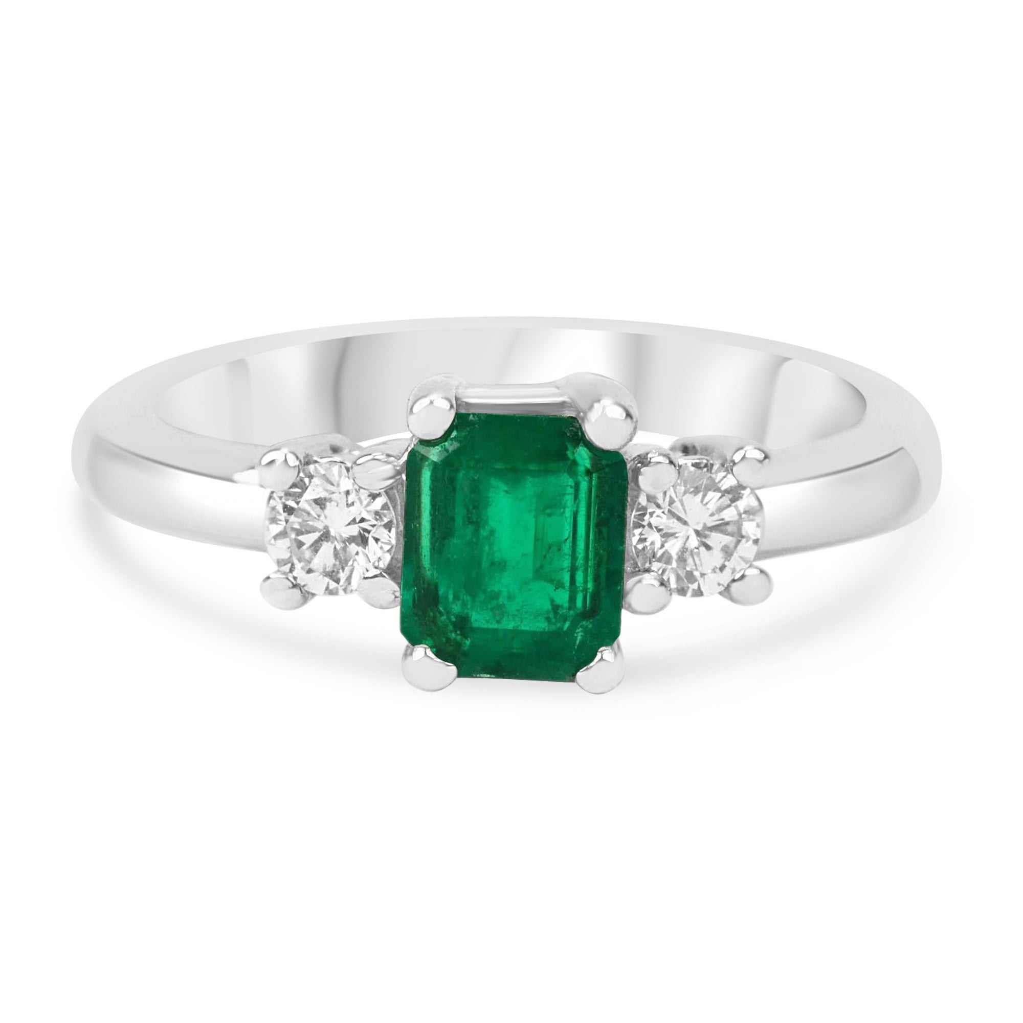 1.40tcw Dark Green Emerald Cut Emerald & Diamond Three Stone Ring 14K