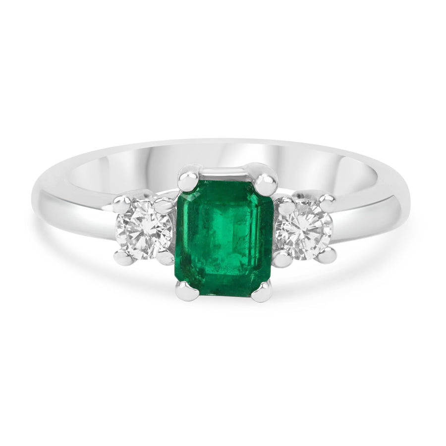Captivating Trio: 1.40tcw Dark Green Emerald Cut Emerald & Diamond Three Stone Ring in 14K Gold