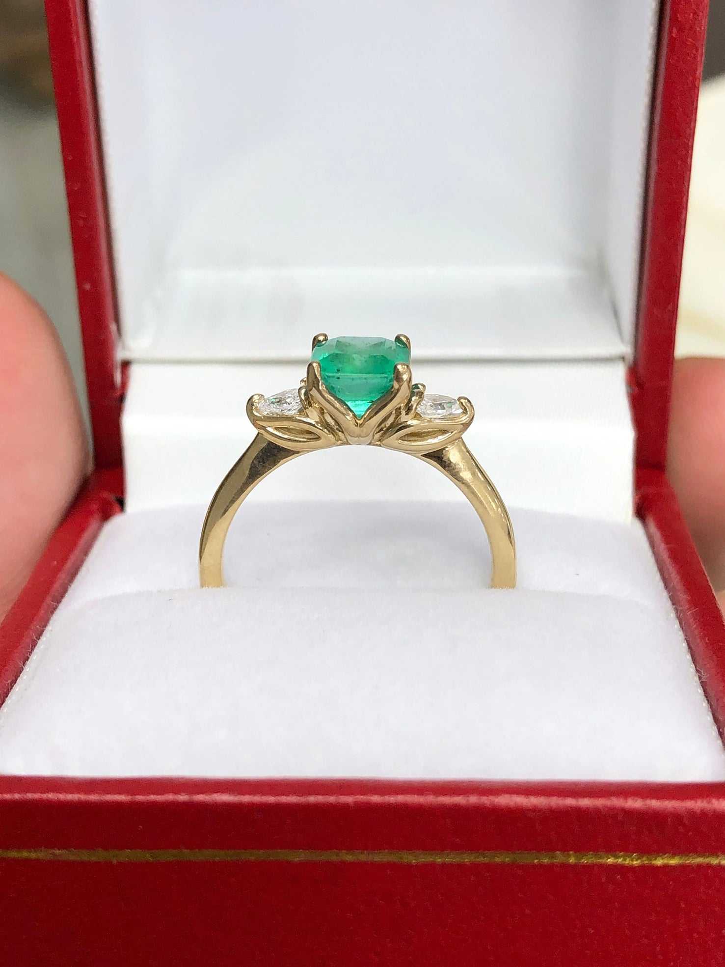 Celebrate Brilliance: 14K Gold Ring Featuring 1.38tcw Three Stone Asscher Cut Colombian Emerald & Pear Diamond