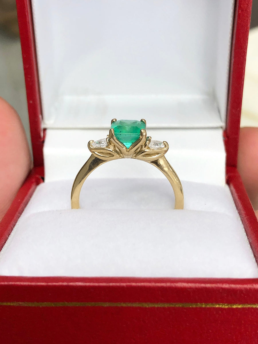 Petite Classic 3 Stone 1.38tcw Asscher Colombian Emerald & Pear Diamond Ring 14K gift box