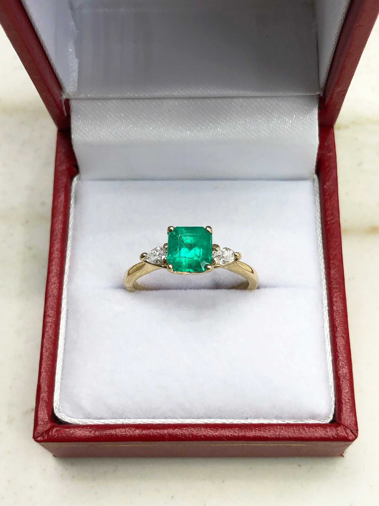 Radiant 14K Gold Ring with 1.38tcw Three Stone Asscher Cut Colombian Emerald & Pear Diamond - Timeless Charm