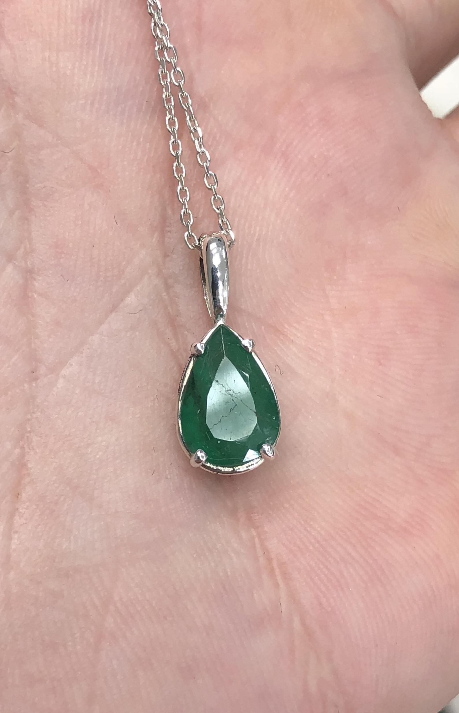 2.27 Carat Brazilian Emerald Teardrop Silver Necklace - JR Colombian Emeralds