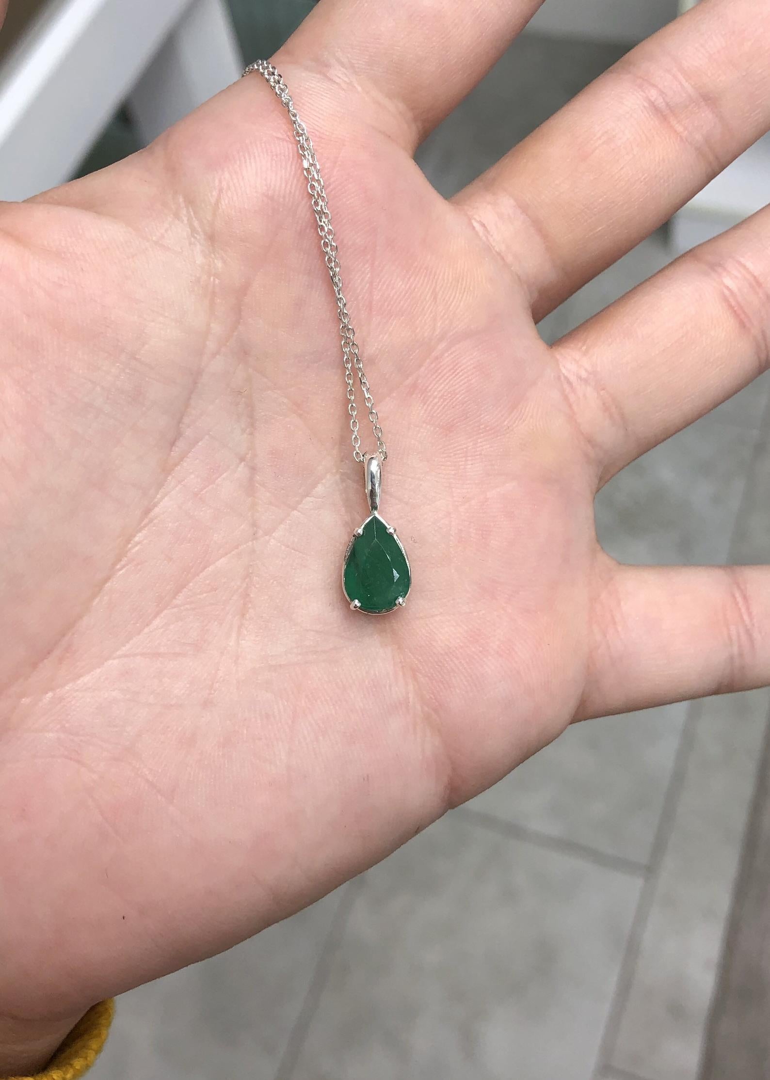 2.27 Carat Brazilian Emerald Teardrop Silver Necklace - JR Colombian Emeralds