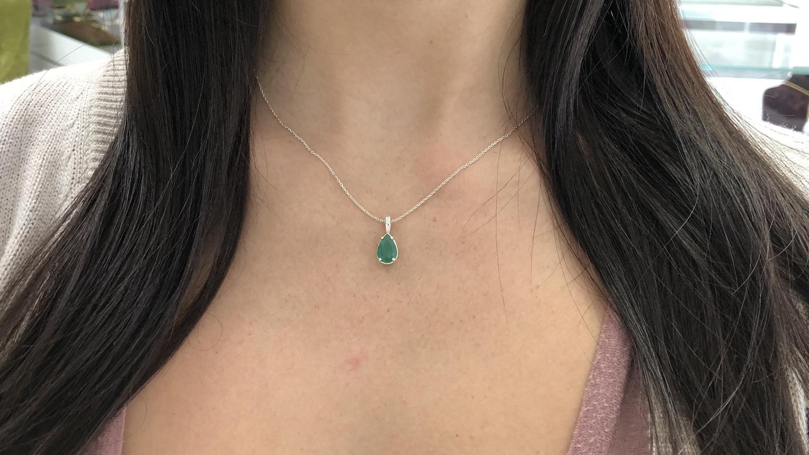 2.27 Carat Brazilian Emerald Teardrop Silver Necklace - JR Colombian Emeralds