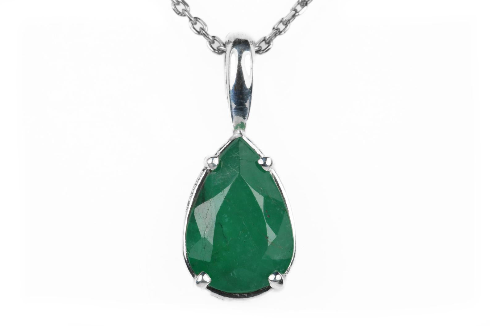 2.27 Carat Brazilian Emerald Teardrop Silver Necklace - JR Colombian Emeralds